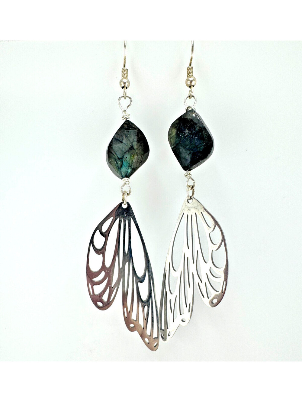 SKCrystals Original Wing Drop Earrings with Dark Gemstone Beads – Silver Tone